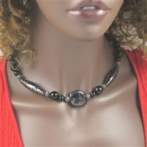 Onyx & Black and Platinum African Kazuri Bead Necklace