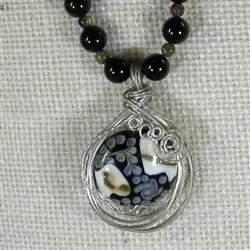 Onyx Necklace with Wire Wrapped Black and White Lampwork Pendant