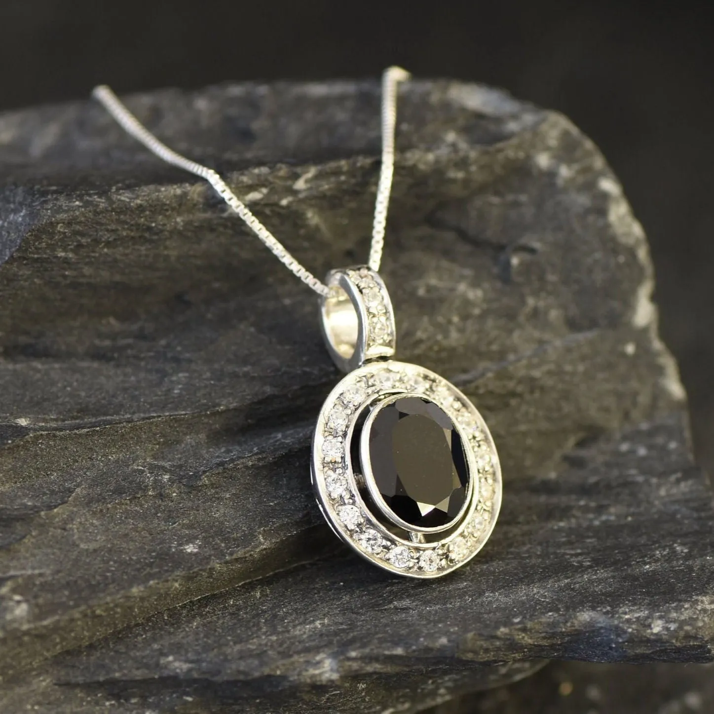 Onyx Pendant - Black Oval Necklace - Vintage Halo Necklace