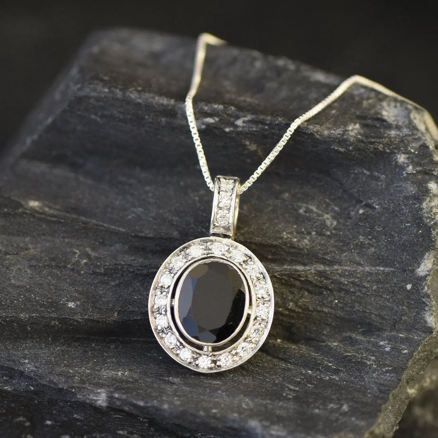 Onyx Pendant - Black Oval Necklace - Vintage Halo Necklace