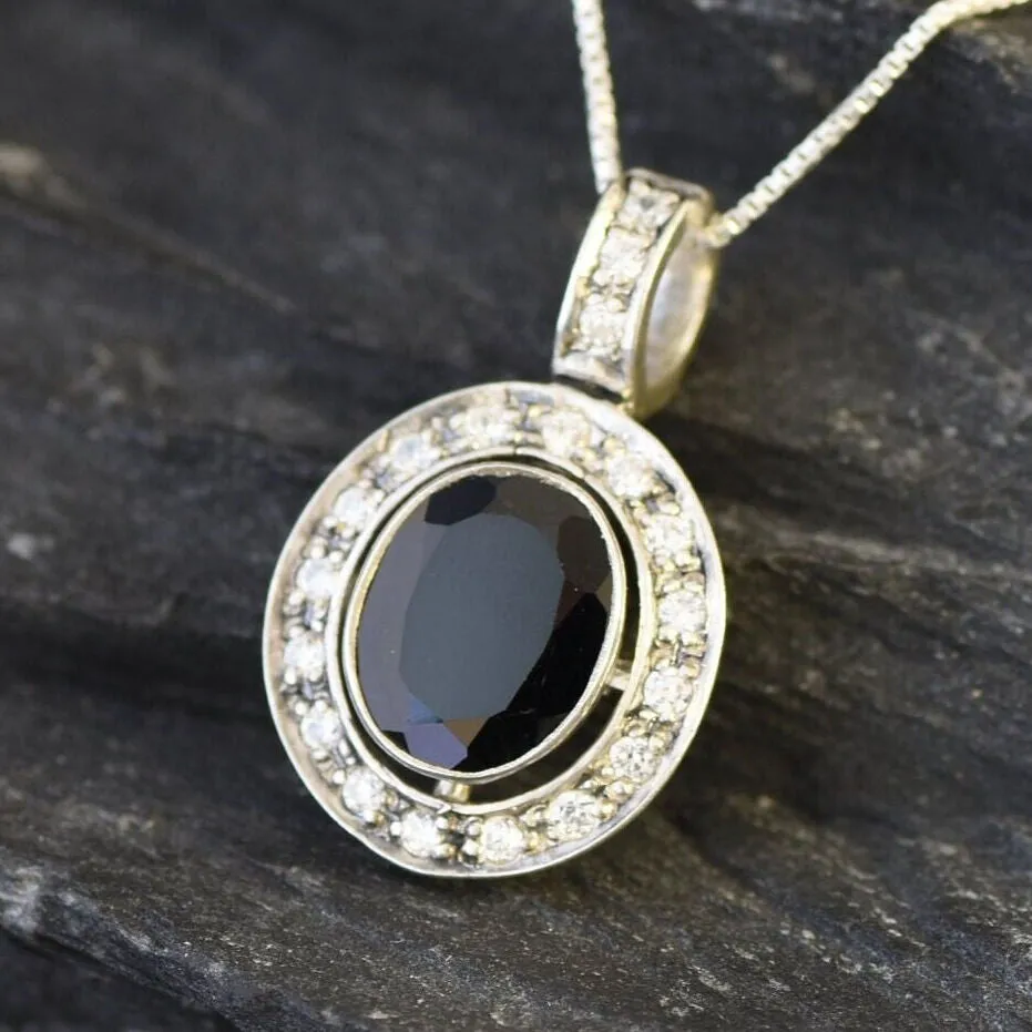 Onyx Pendant - Black Oval Necklace - Vintage Halo Necklace