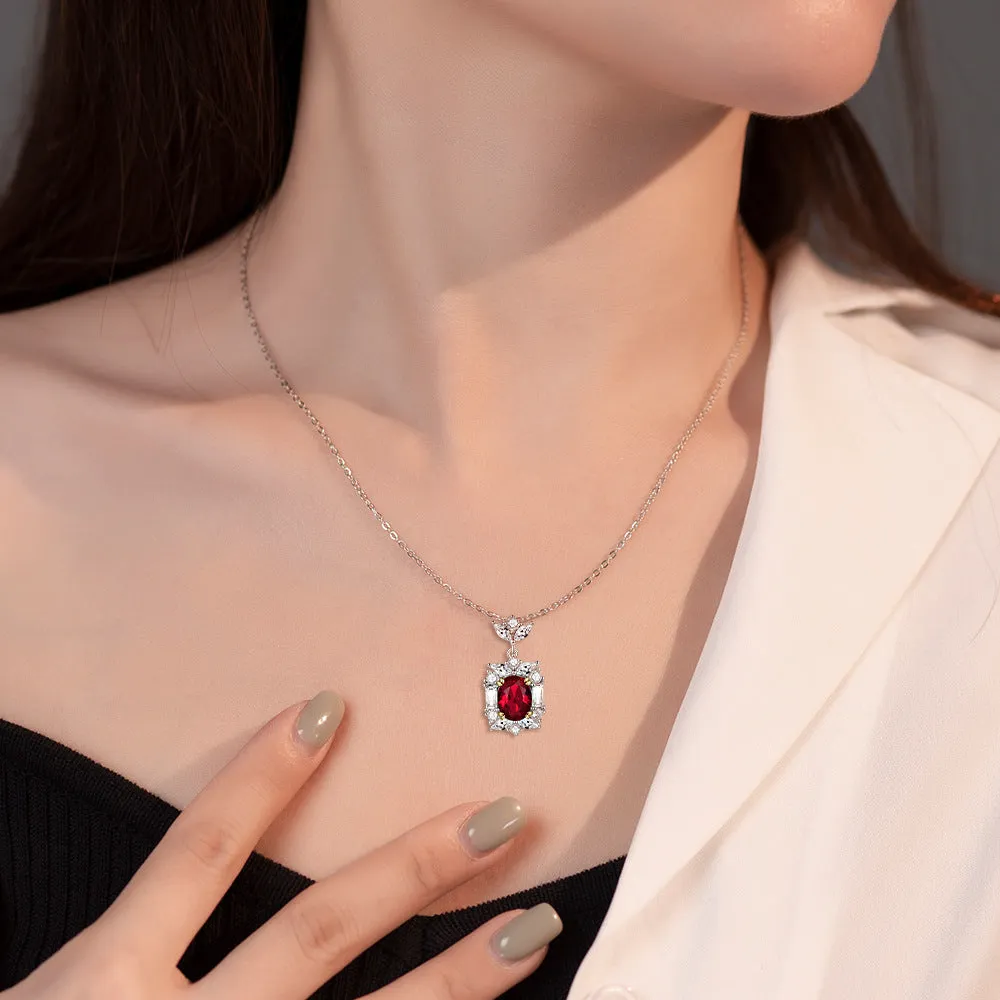 Oval Garnet with Zircon Pendant Silver Necklace for Women