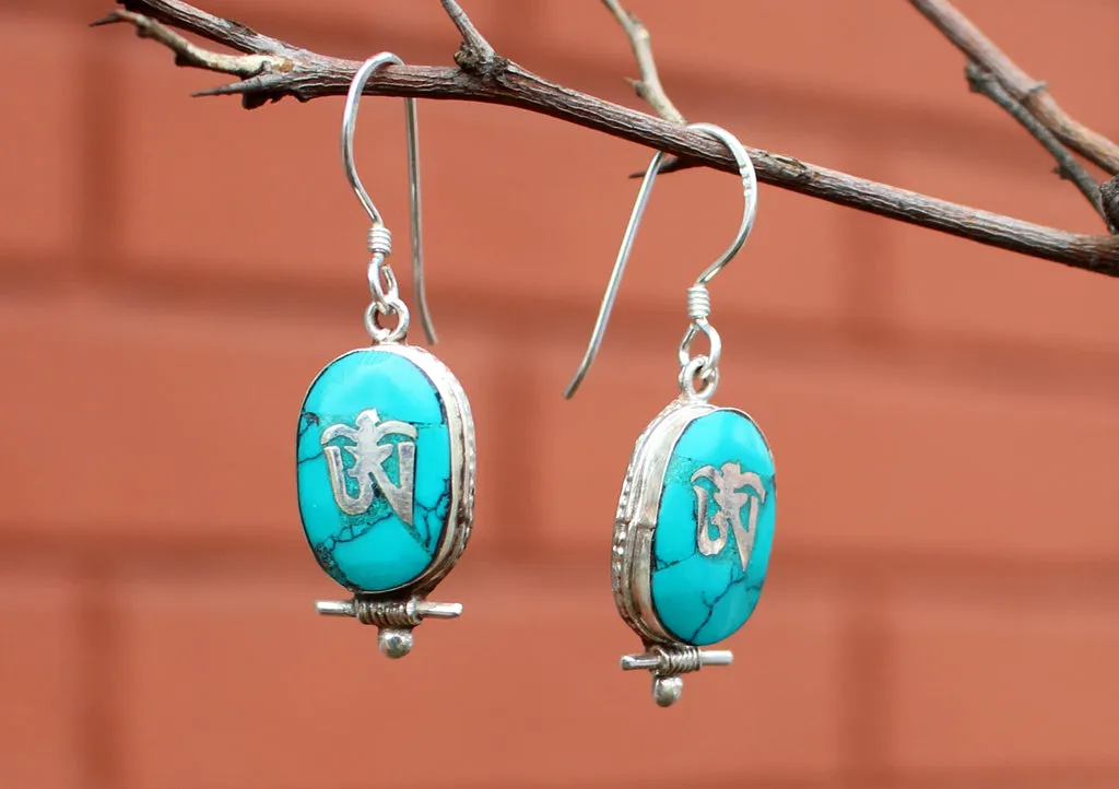 Oval Turquoise Inlaid Tibetan Om Silver Earrings