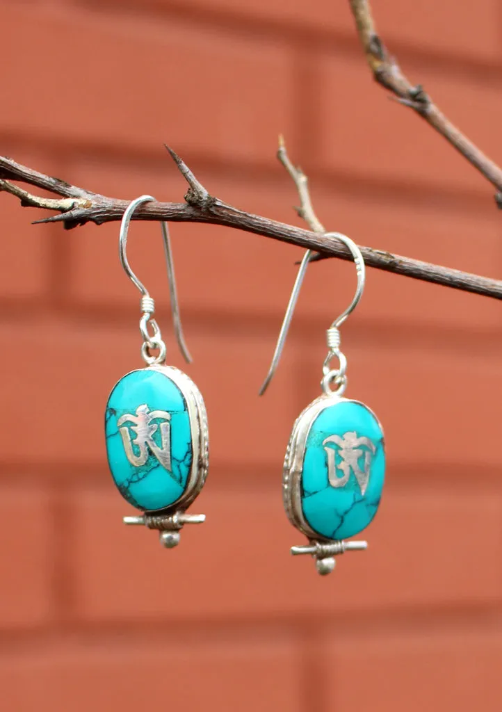 Oval Turquoise Inlaid Tibetan Om Silver Earrings