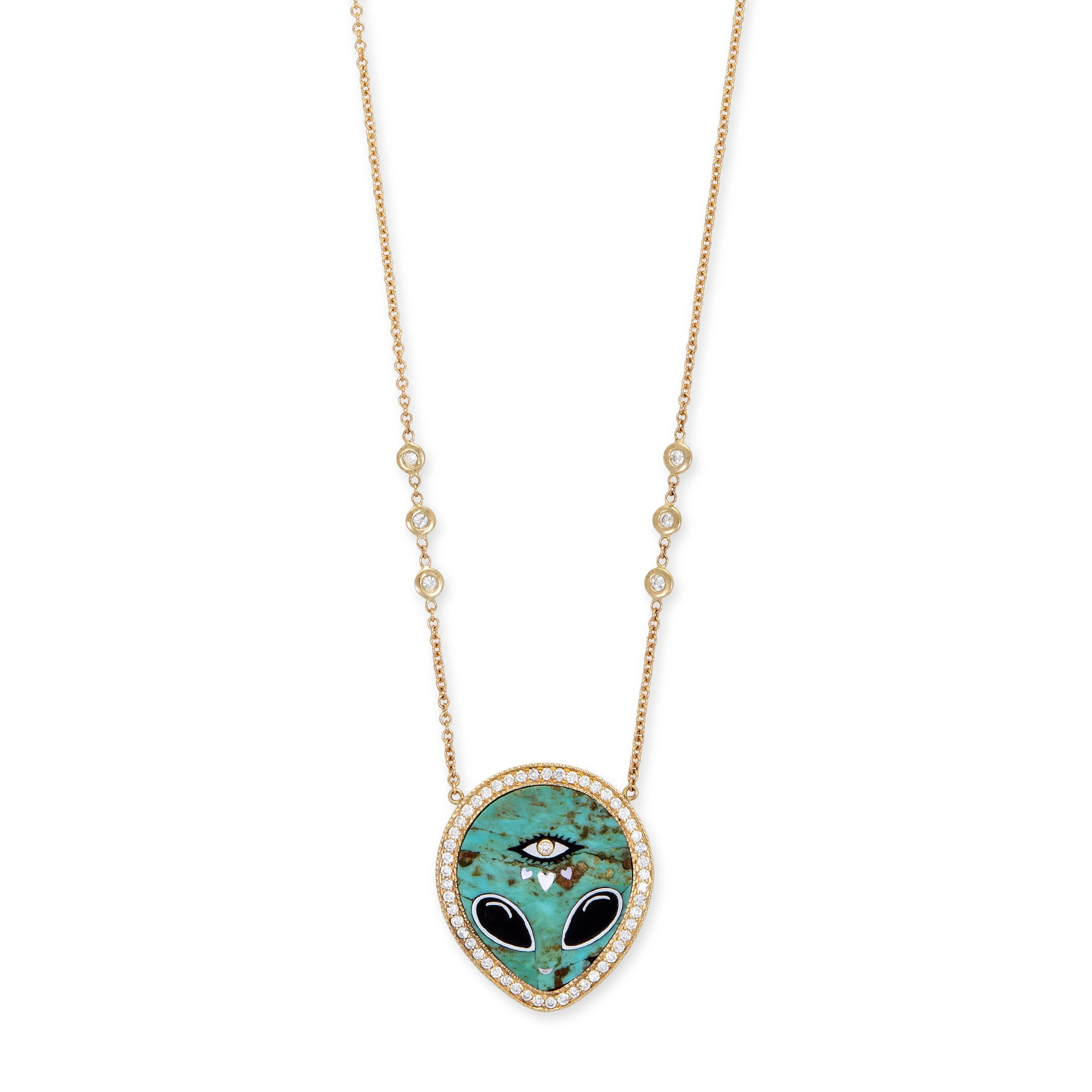 PAVE TURQUOISE   ONYX ALIEN HEART EYE INLAY NECKLACE