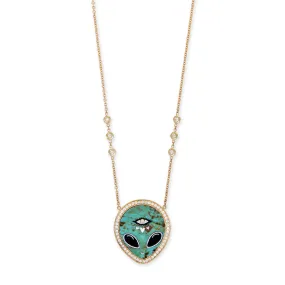 PAVE TURQUOISE   ONYX ALIEN HEART EYE INLAY NECKLACE