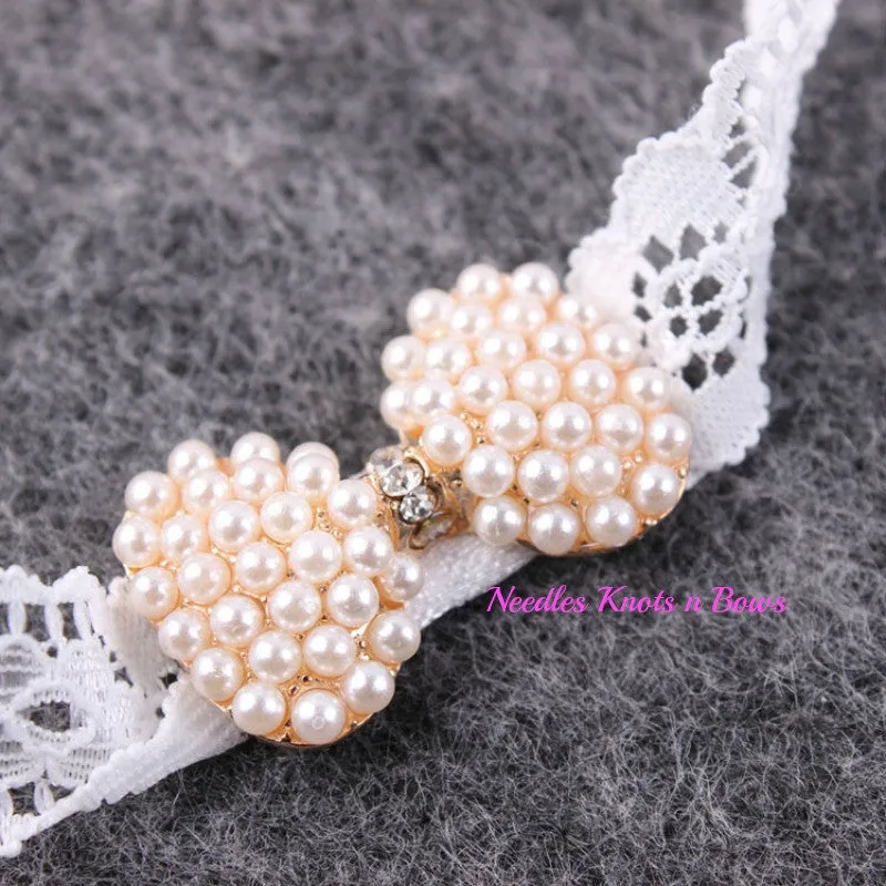 Pearl Bow Lace Headband, Infants, Newborns, Baby Christening, Blessing Headband