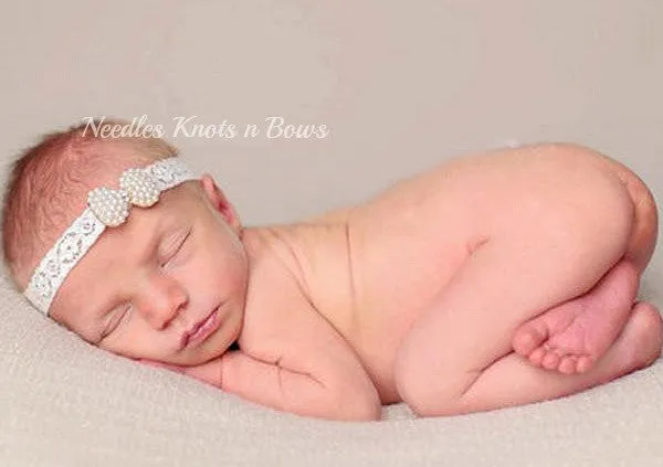 Pearl Bow Lace Headband, Infants, Newborns, Baby Christening, Blessing Headband