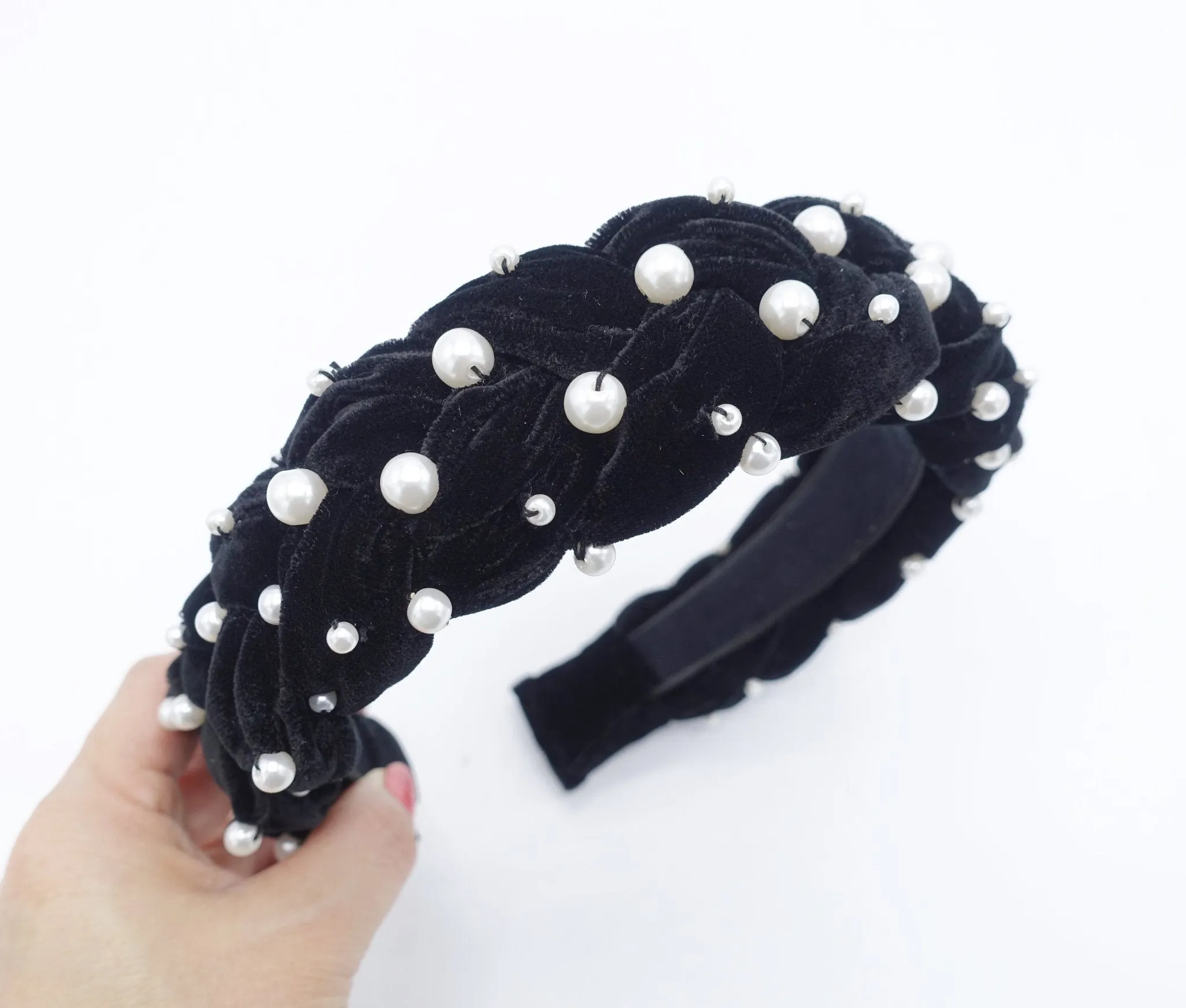 pearl velvet braided headband silk velvet pearl sewn hairband luxury handmade plaited hair accessory