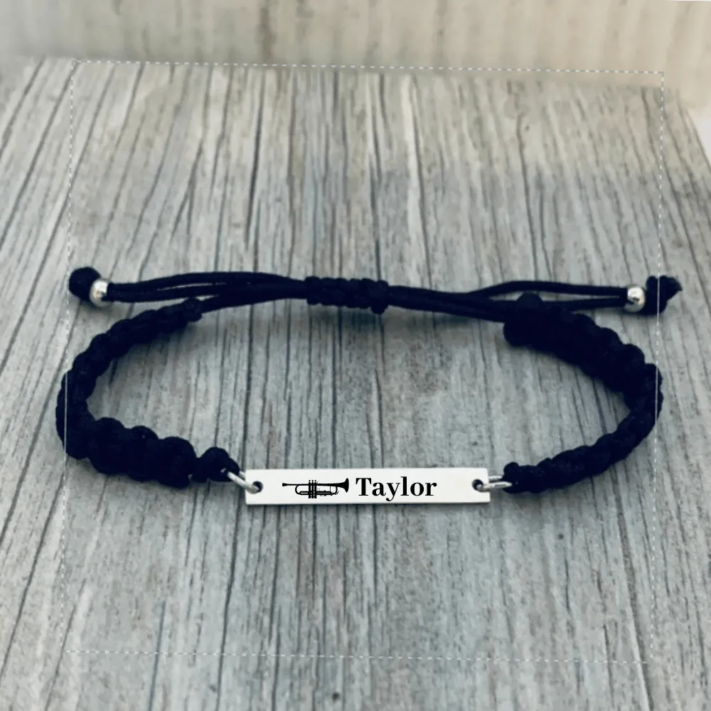 Personalized Engraved Trumpet Bar Rope Bracelet