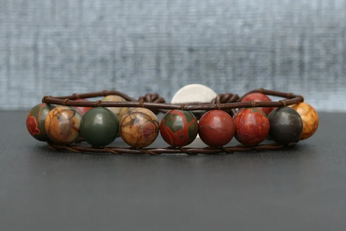 Picasso Jasper on Dark Brown Leather Wrap Bracelet For Him or Her