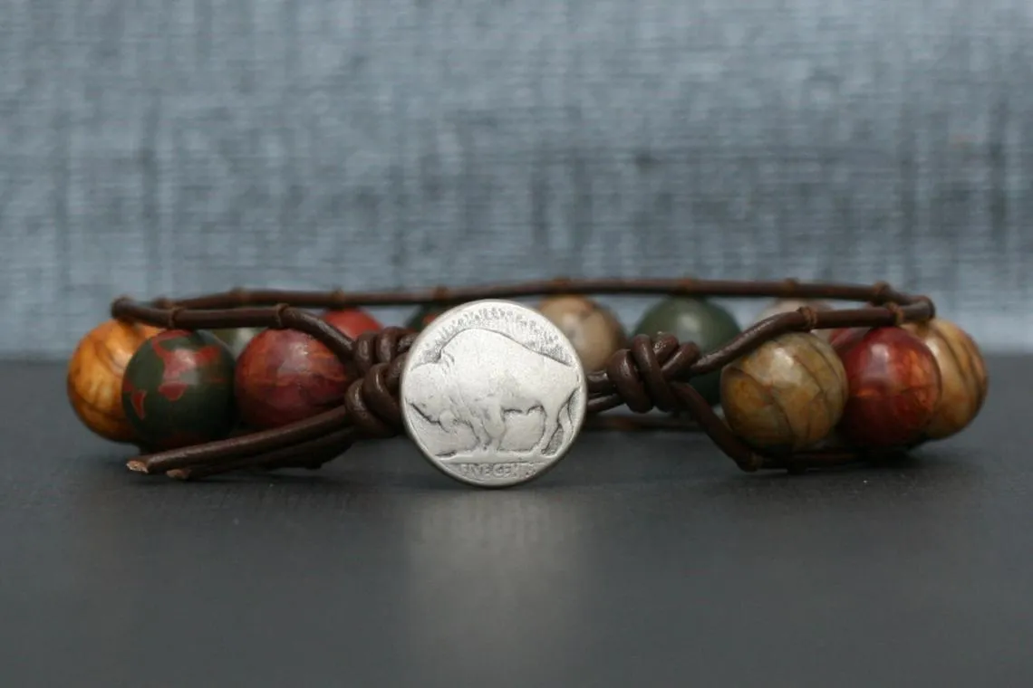 Picasso Jasper on Dark Brown Leather Wrap Bracelet For Him or Her