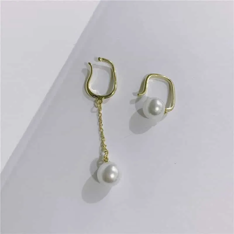 pierced female pearl tassel asymmetric stud earrings