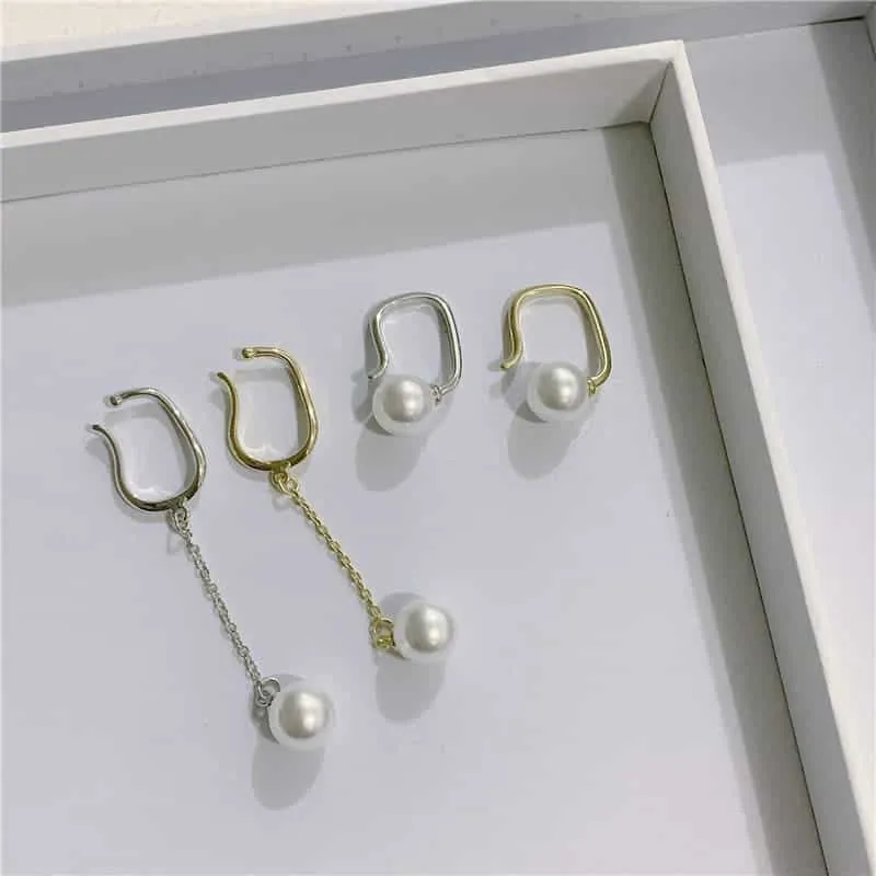 pierced female pearl tassel asymmetric stud earrings