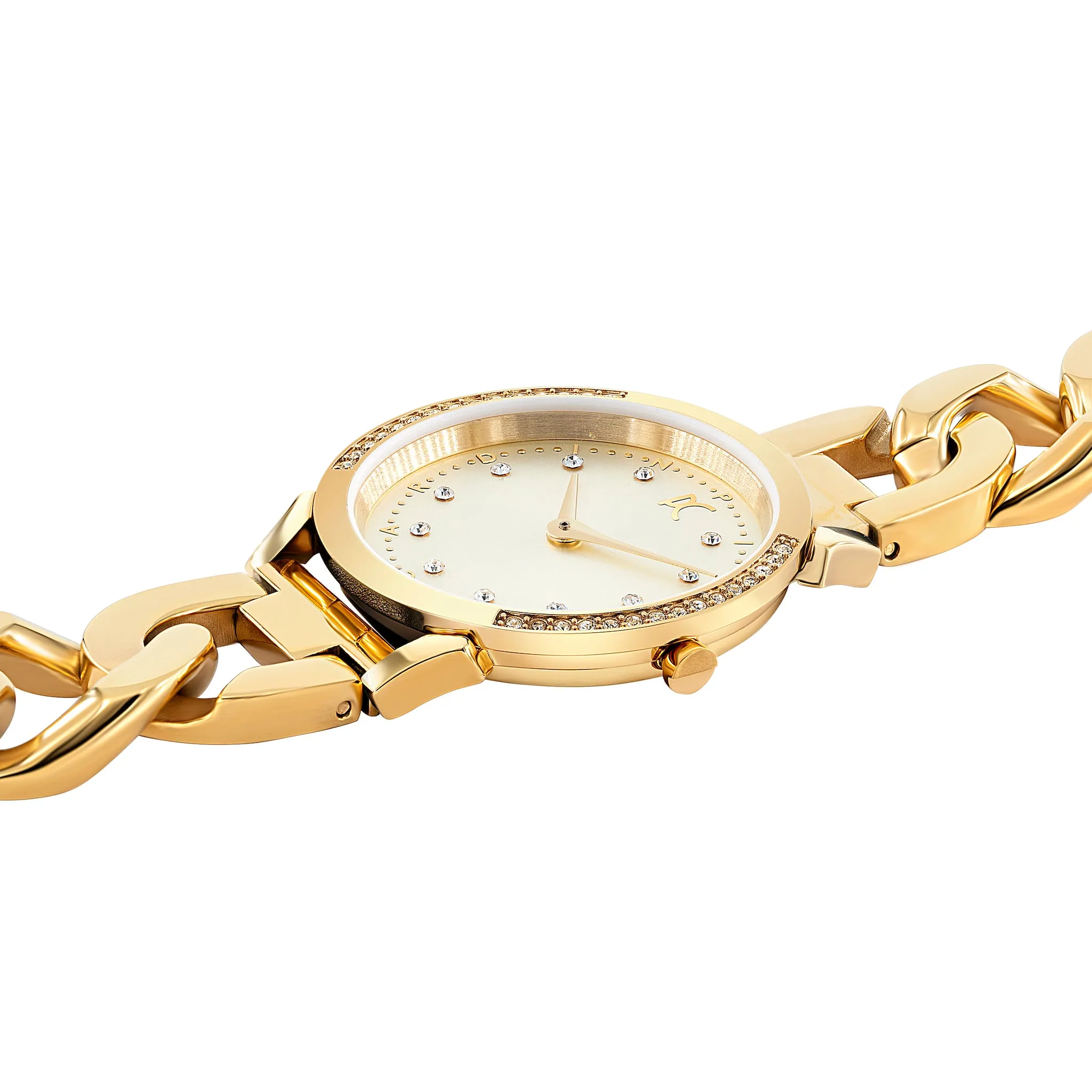 Pigalle Gold Watch with Crystals and Metal Chain Link Strap