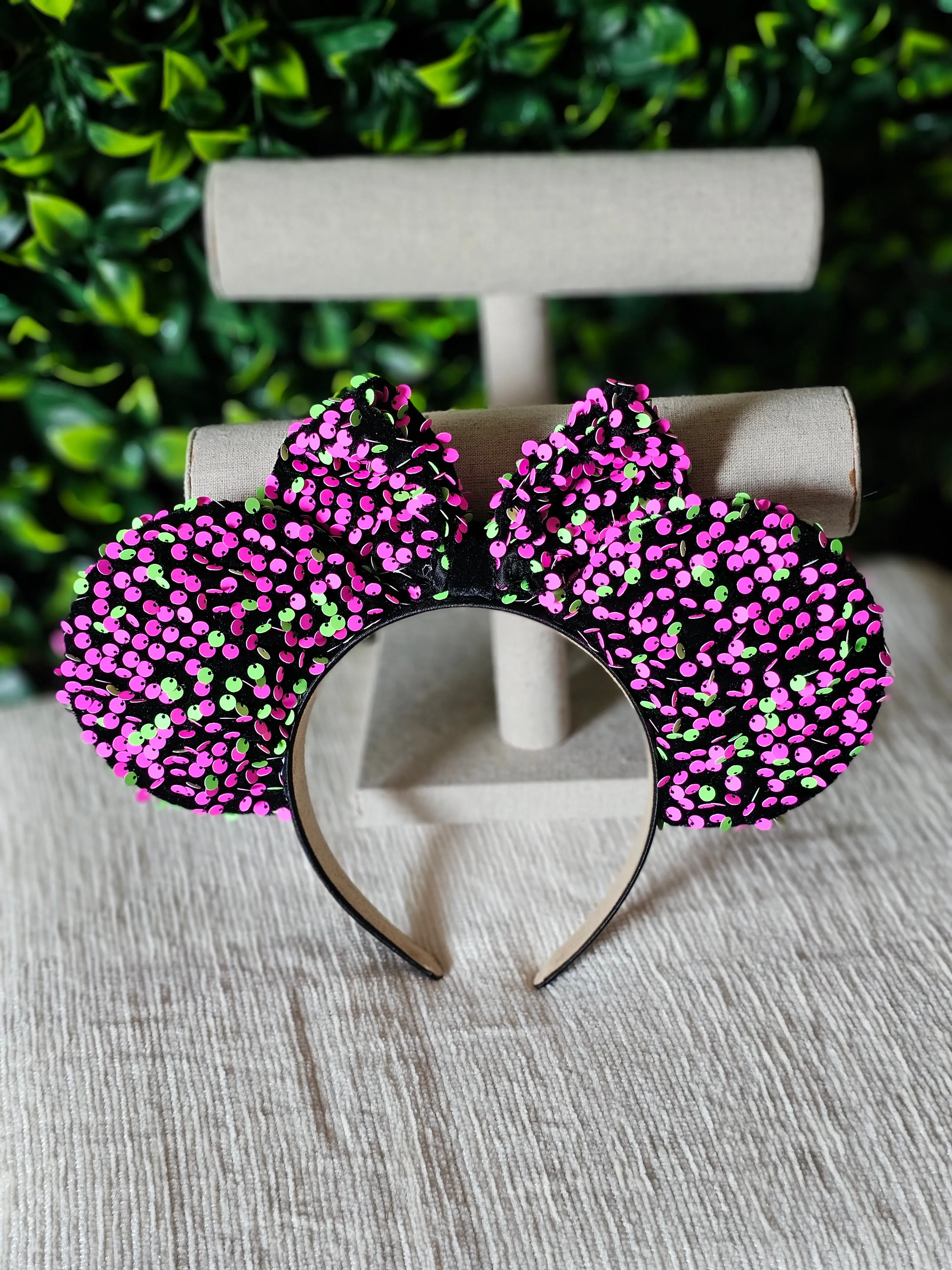 Pink and green sequins ear headband