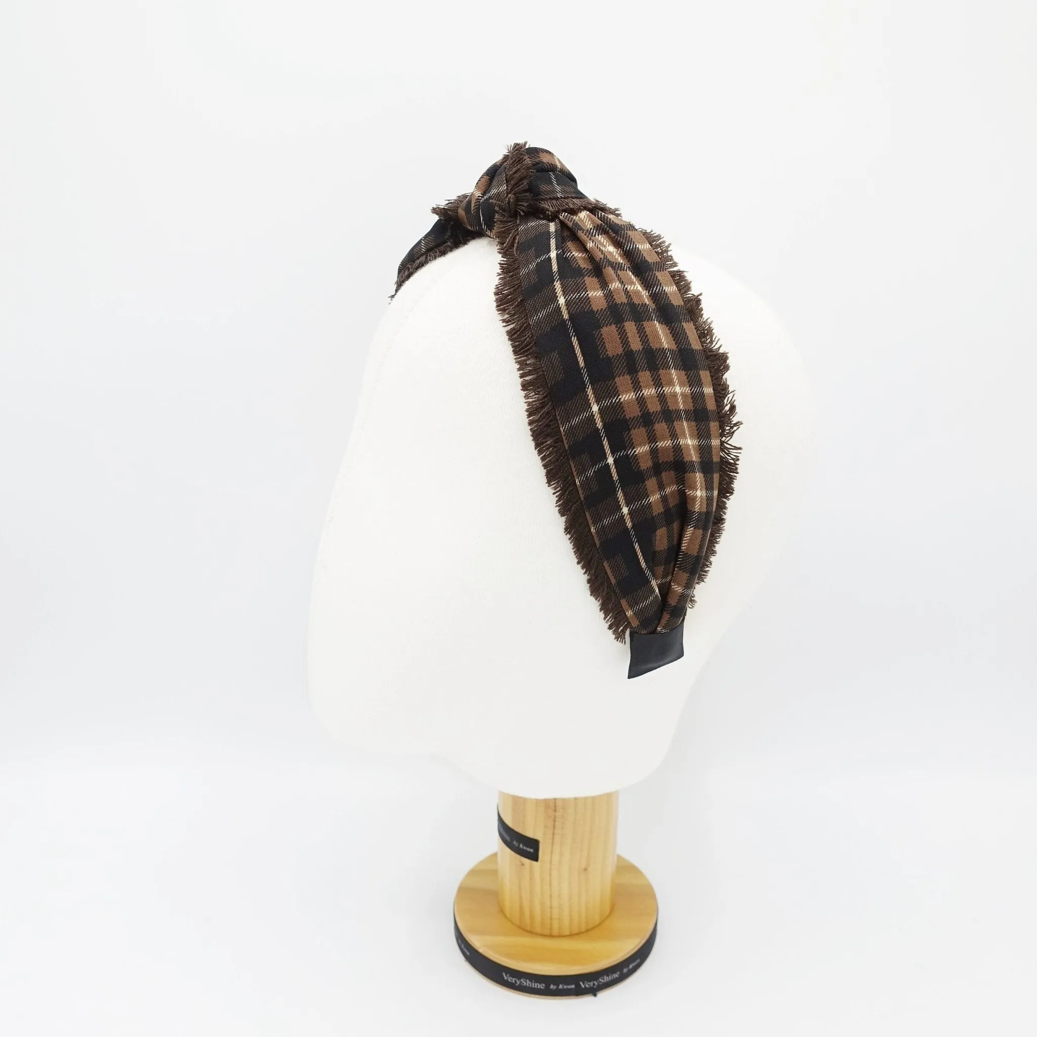 plaid check top knot headband  fringe trim hairband hair accessory for women