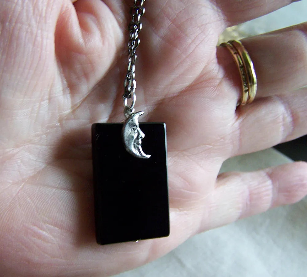 Polished Black Onyx Scrying Glass Silver Moon Pendant