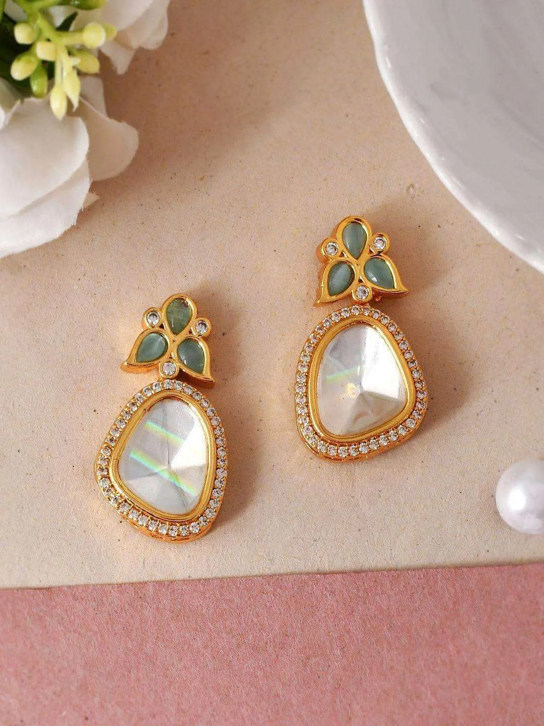 Polki Stone Earring Light Green