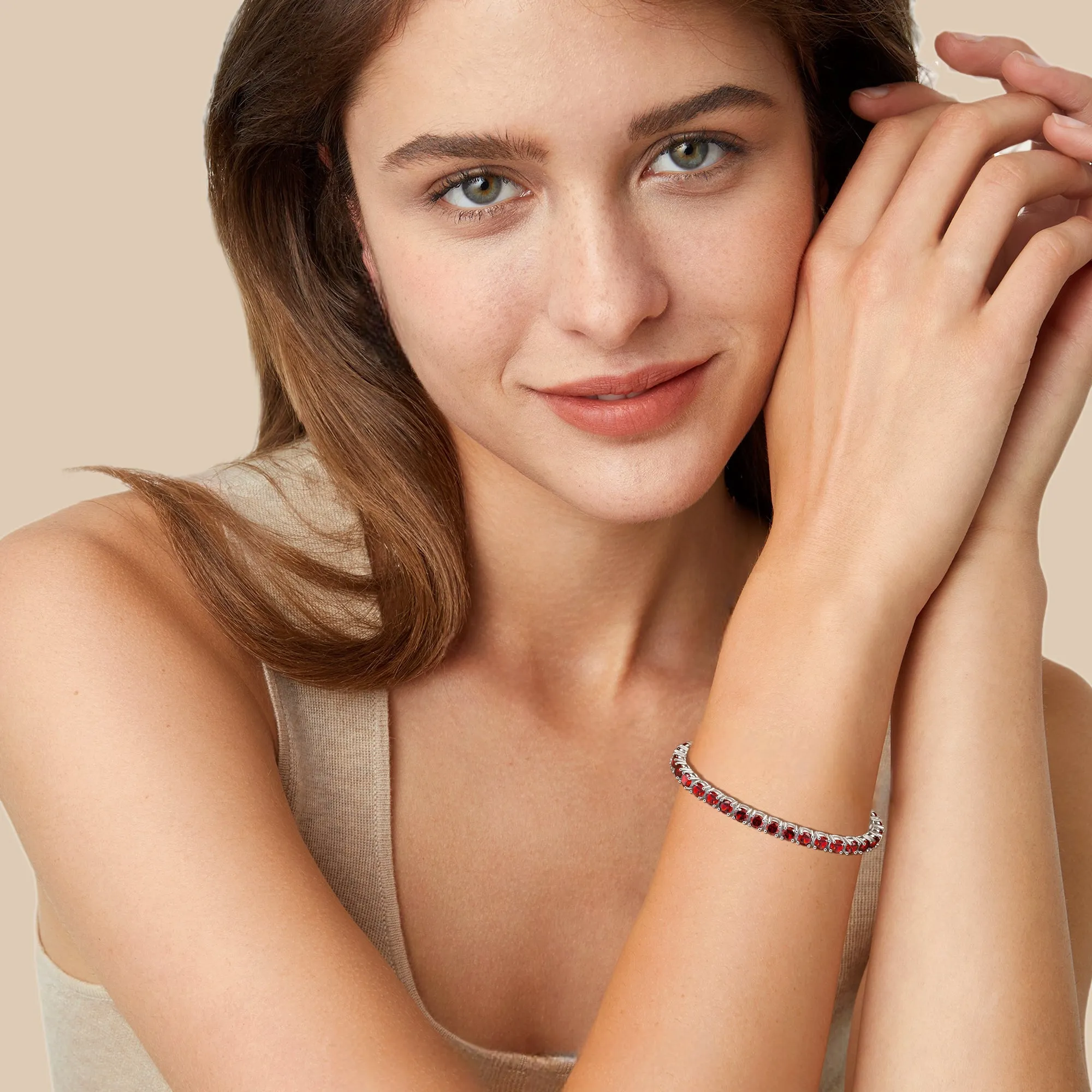 "Eternal Elegance" January Birthstone Garnet Sterling Silver Tennis Bracelet Classic Bolo Chain