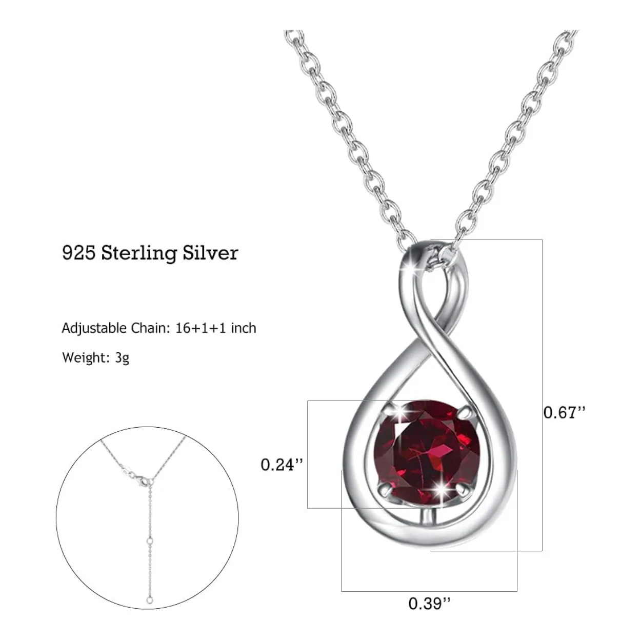 "Infinite Embrace" January Birthstone Garnet Infinity Symbol Sterling Silver Pendant Necklace