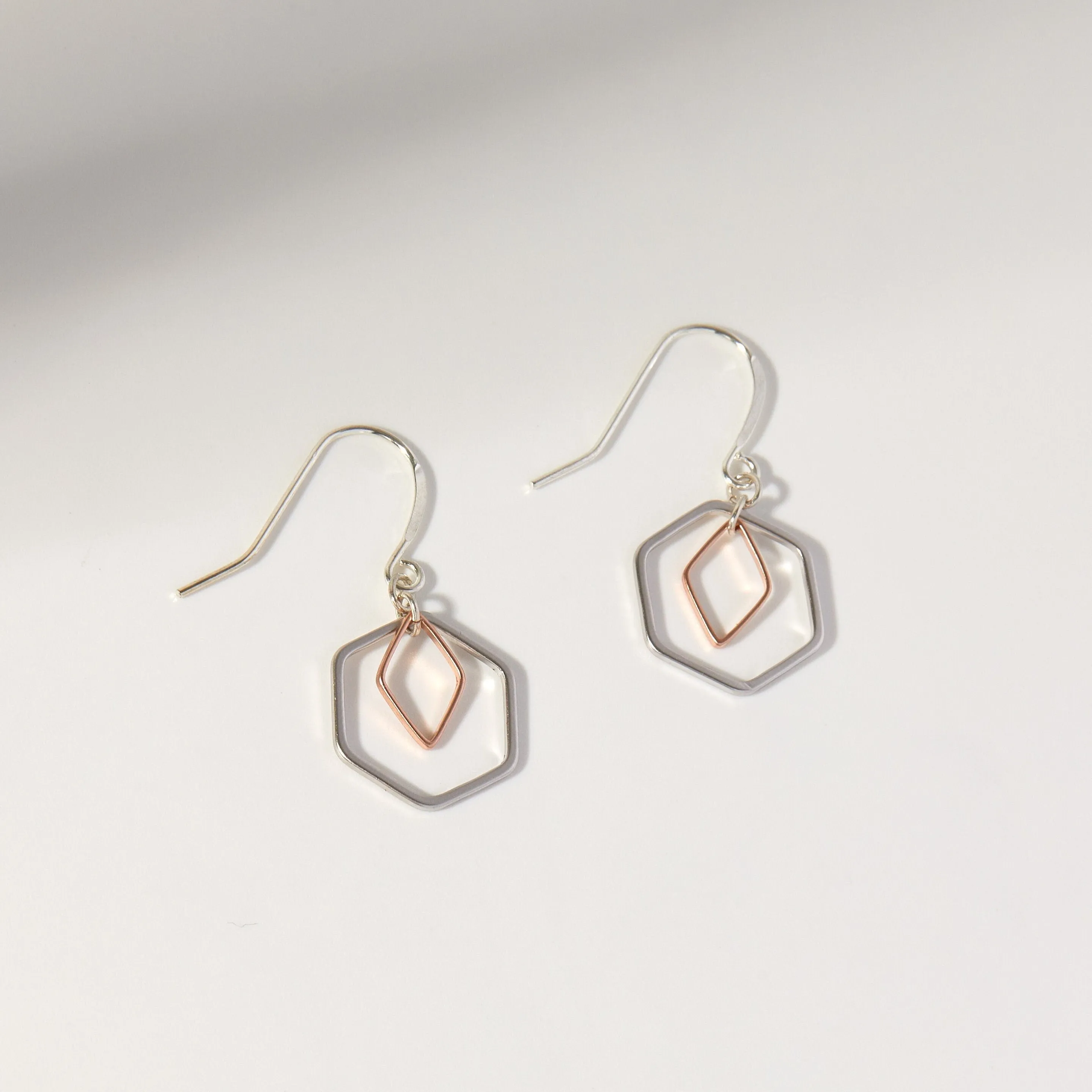 "Le Contour" Rose Gold & Silver Hexagon Earrings