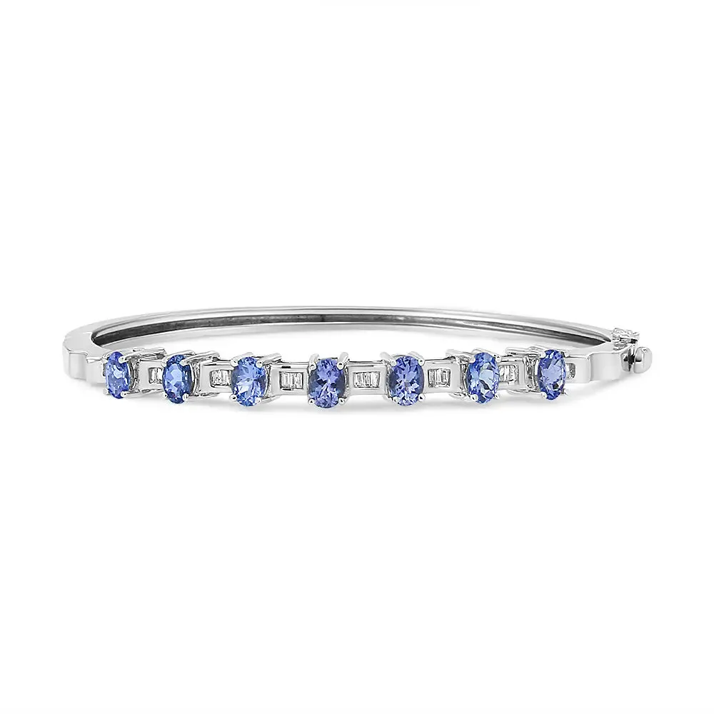 Radiant 14K White Gold Bangle Featuring 5MM Blue Tanzanite and Dazzling Diamond Highlights