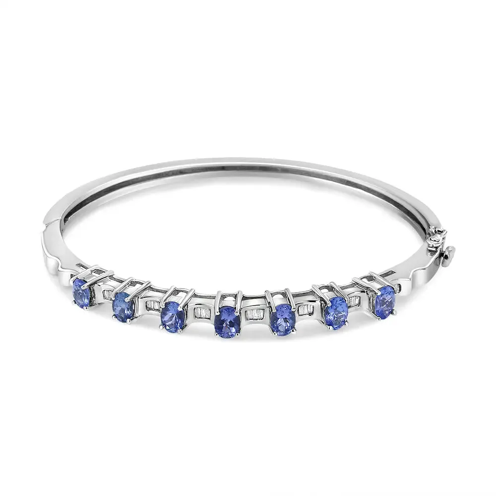 Radiant 14K White Gold Bangle Featuring 5MM Blue Tanzanite and Dazzling Diamond Highlights