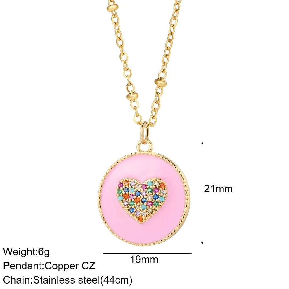 Rainbow Heart Pendant Necklace for Women Romantic Woman's Gold Color Chain Stainless Steel Choker Necklace Trendy Enamel Jewelry