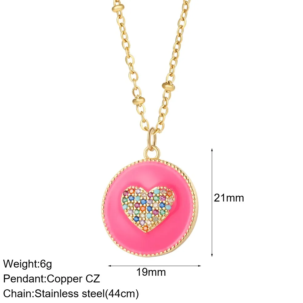 Rainbow Heart Pendant Necklace for Women Romantic Woman's Gold Color Chain Stainless Steel Choker Necklace Trendy Enamel Jewelry