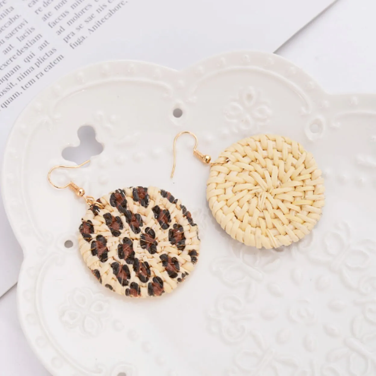 Rattan Drop Earrings with Leopard Print