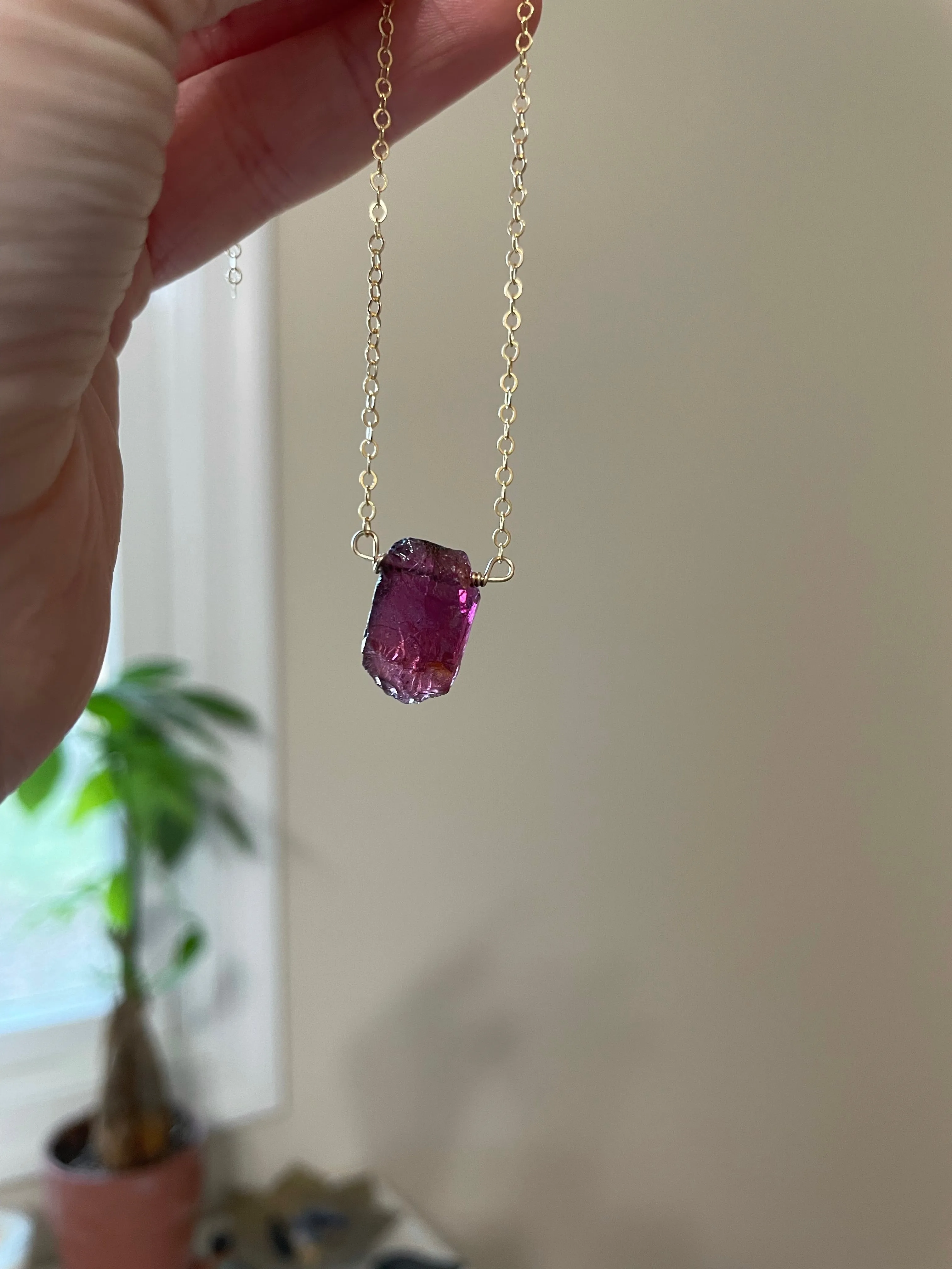 Raw Garnet Crystal Necklace On 14k Gold Filled or Sterling Silver Chain January Birthstone Jewelry