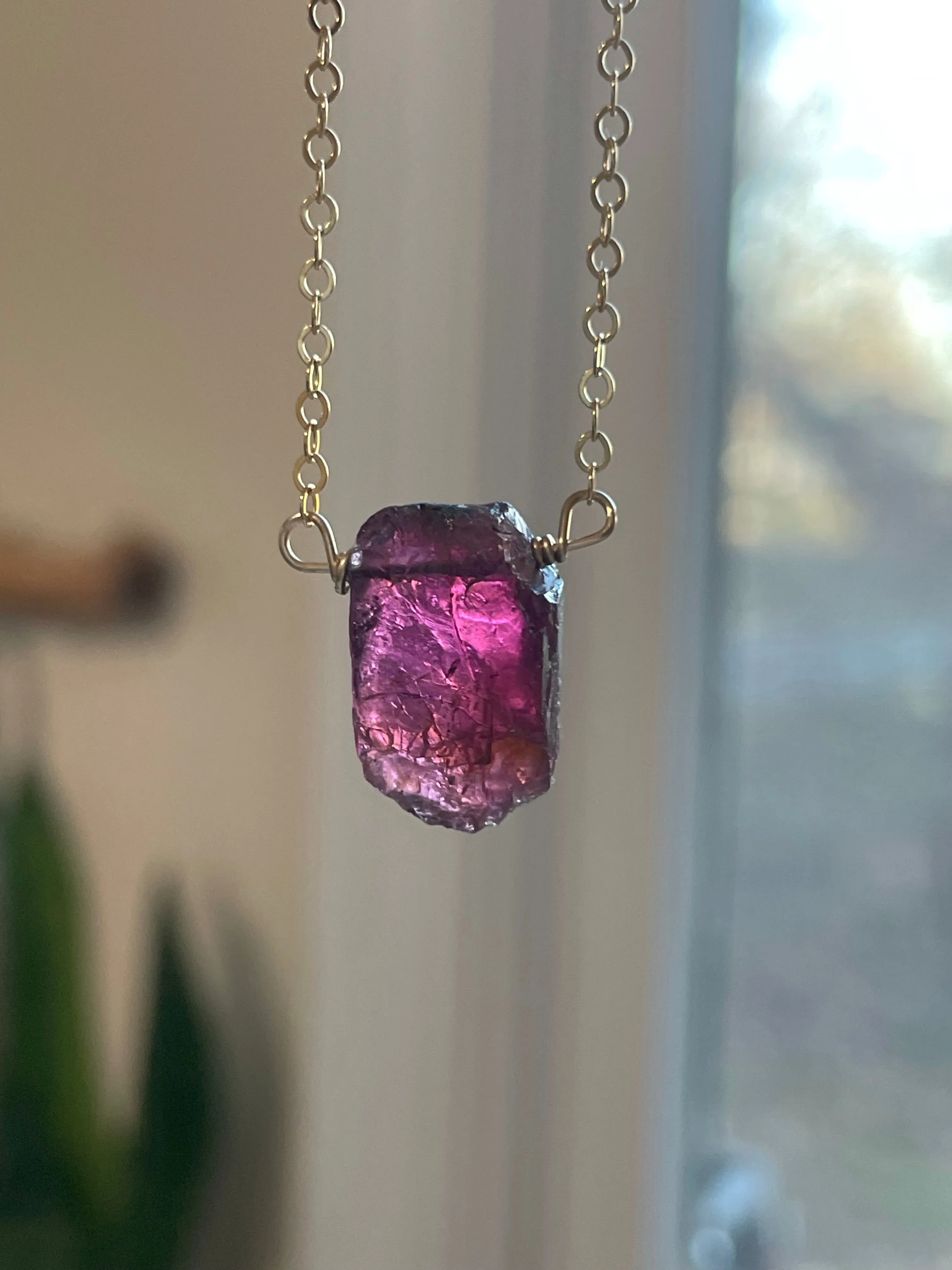 Raw Garnet Crystal Necklace On 14k Gold Filled or Sterling Silver Chain January Birthstone Jewelry