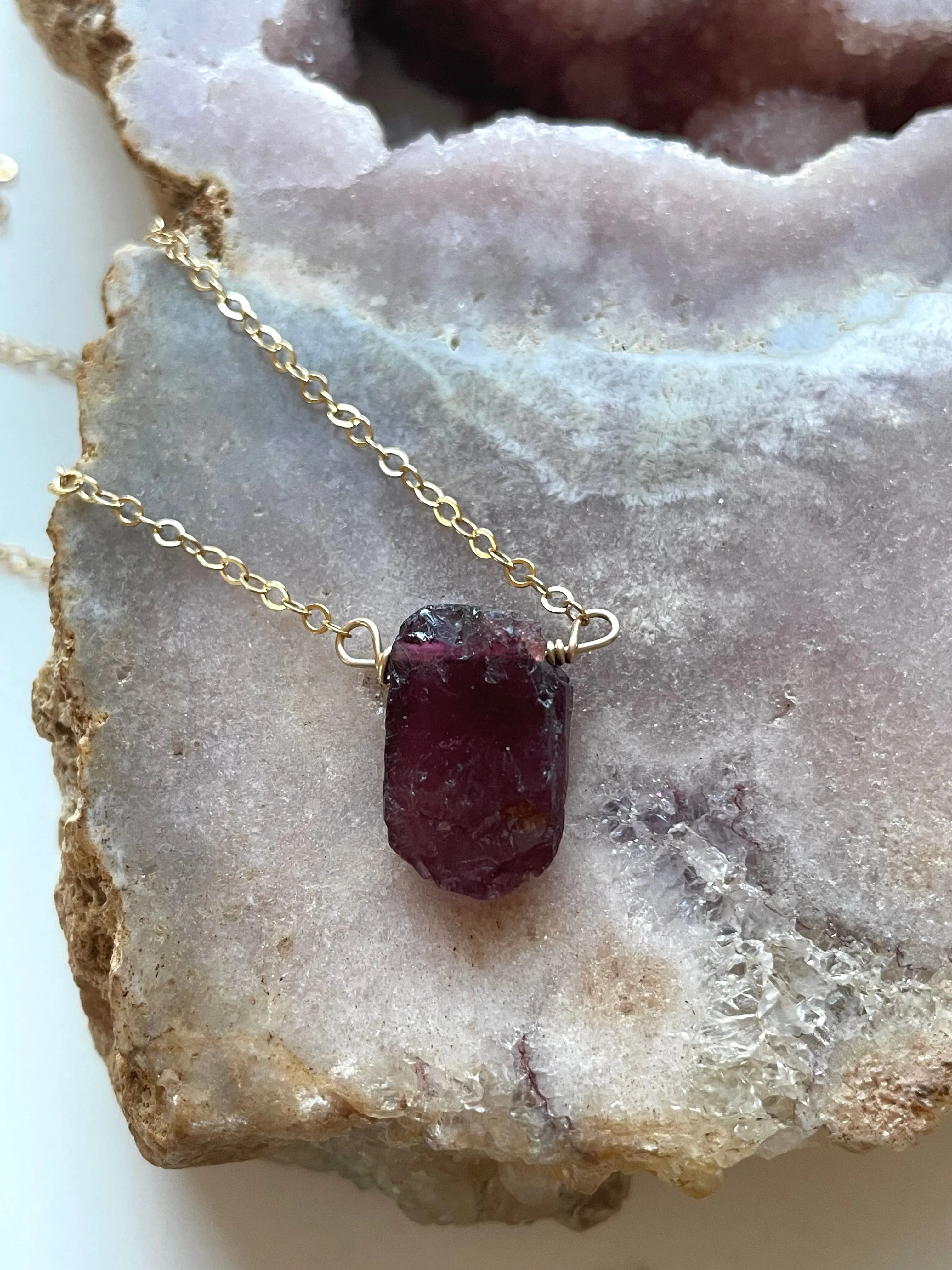 Raw Garnet Crystal Necklace On 14k Gold Filled or Sterling Silver Chain January Birthstone Jewelry