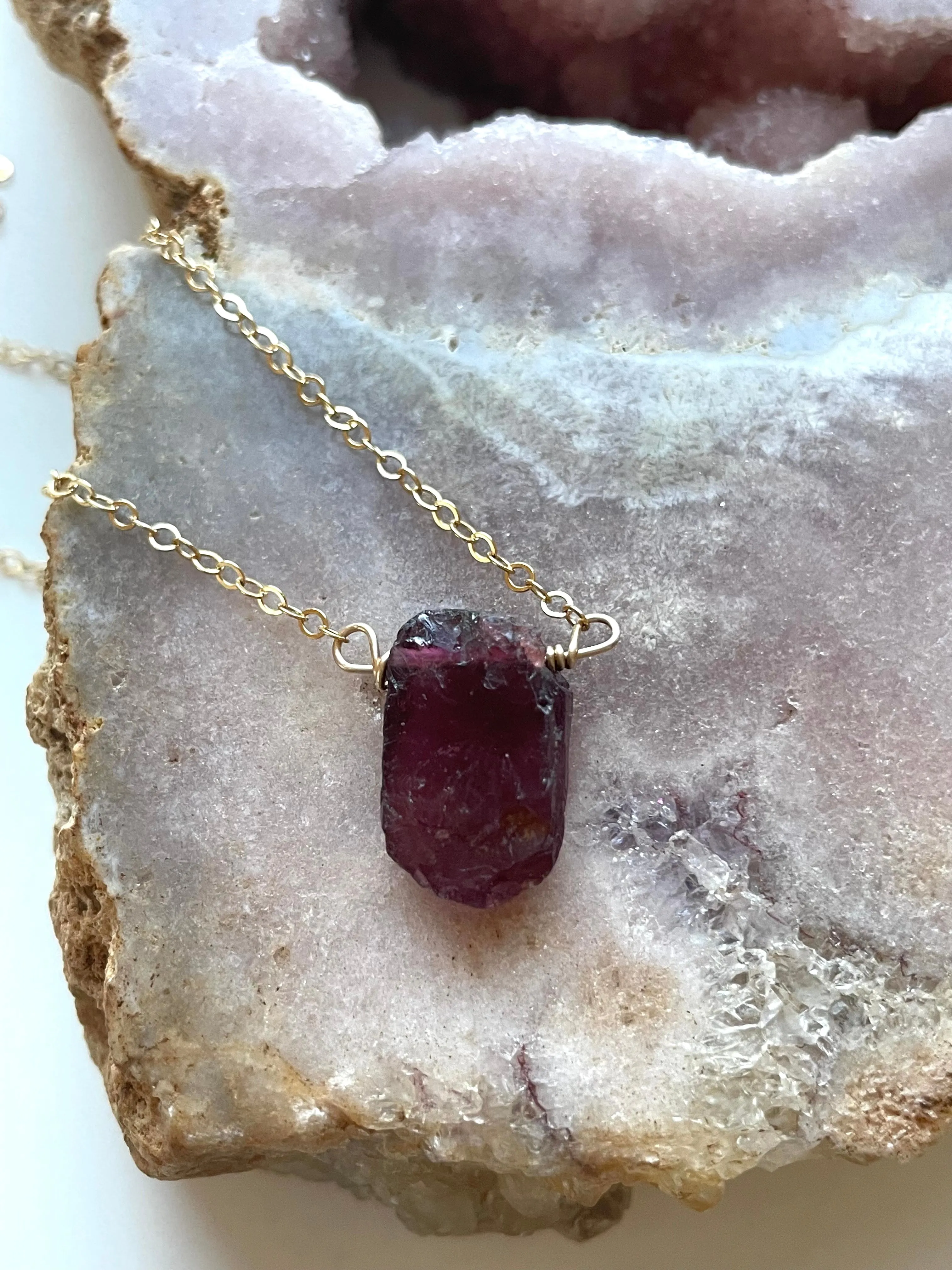 Raw Garnet Crystal Necklace On 14k Gold Filled or Sterling Silver Chain January Birthstone Jewelry