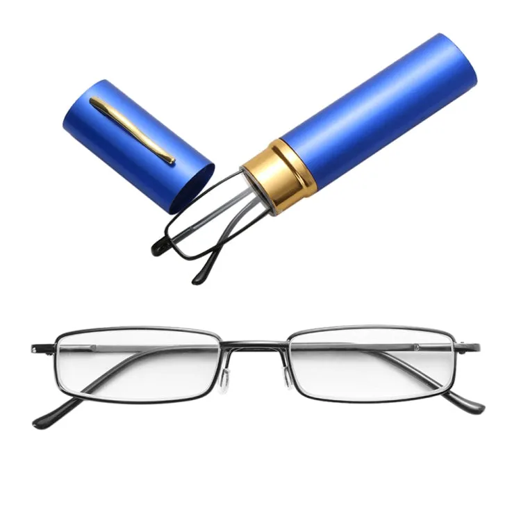 Reading Glasses Metal Spring Foot Portable Presbyopic Glasses with Tube Case  2.00D(Blue)