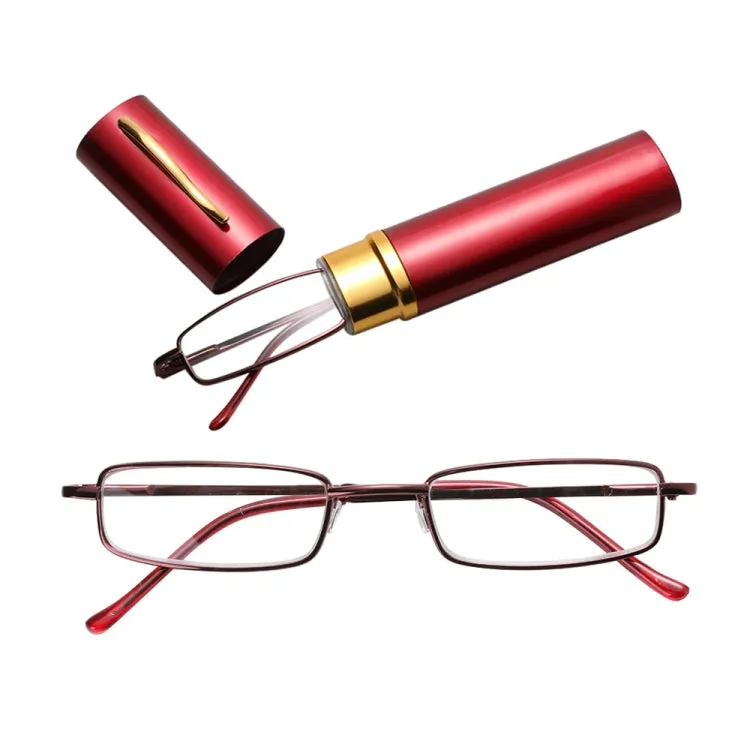 Reading Glasses Metal Spring Foot Portable Presbyopic Glasses with Tube Case  2.00D(Red)