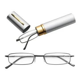 Reading Glasses Metal Spring Foot Portable Presbyopic Glasses with Tube Case  4.00D(Silver Gray)