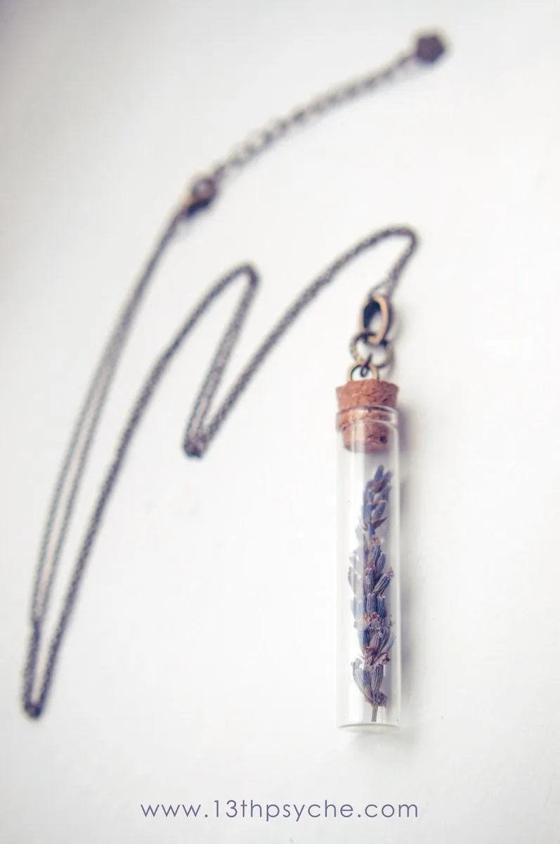 Real dried lavender vial pendant necklace