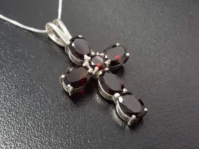 Red Cross Pendant - Natural Garnet Necklace - Silver Cross Necklace