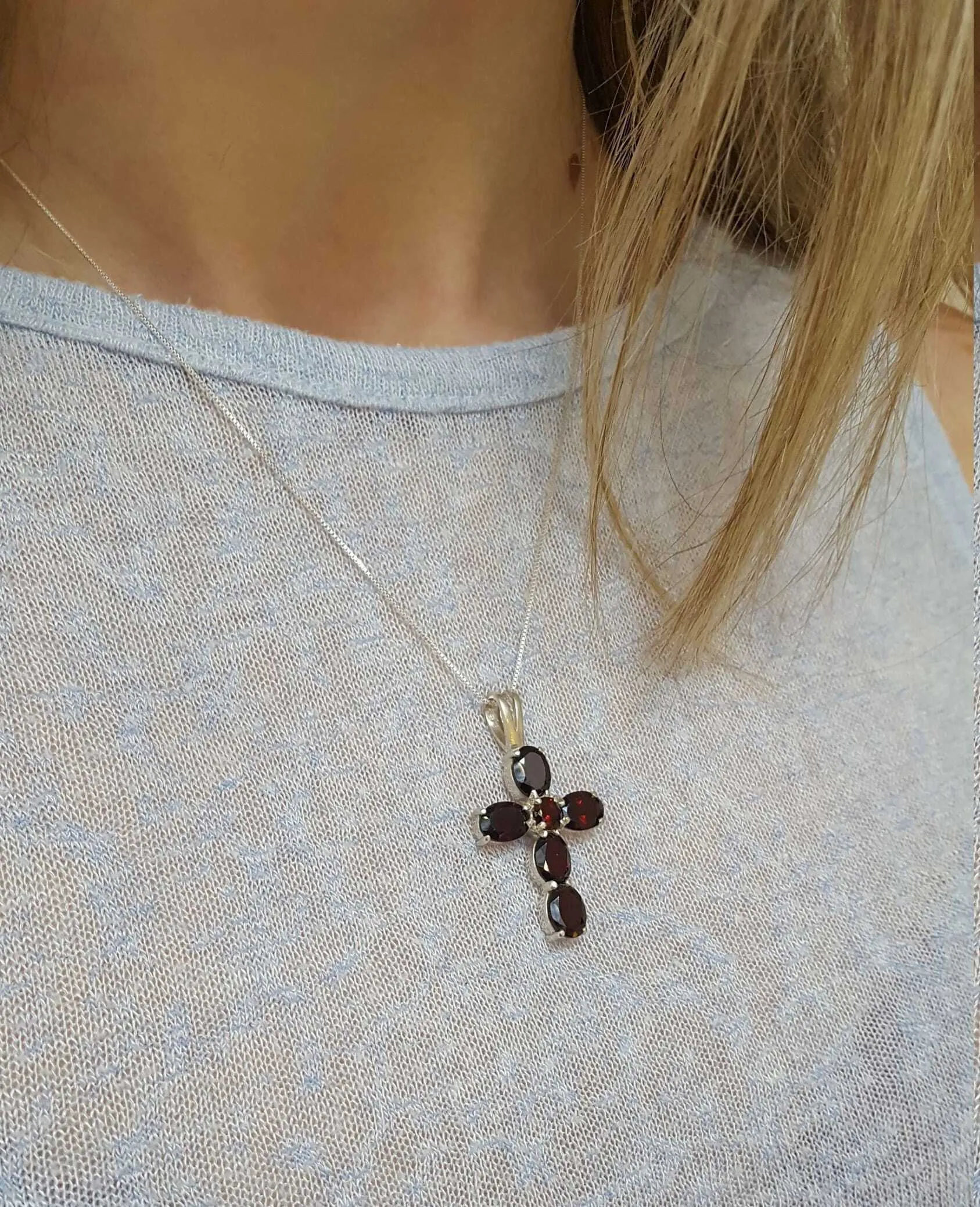 Red Cross Pendant - Natural Garnet Necklace - Silver Cross Necklace