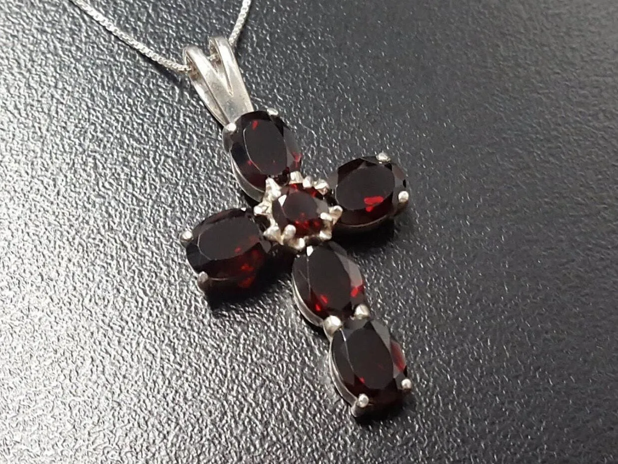 Red Cross Pendant - Natural Garnet Necklace - Silver Cross Necklace