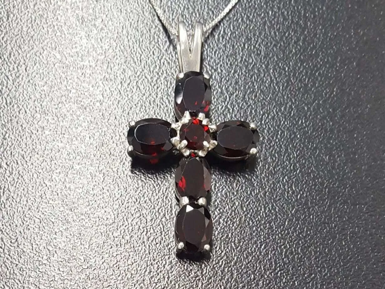 Red Cross Pendant - Natural Garnet Necklace - Silver Cross Necklace