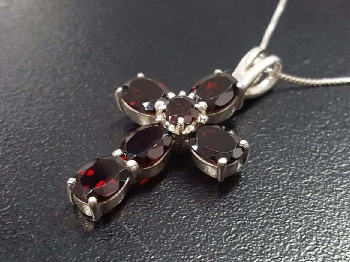 Red Cross Pendant - Natural Garnet Necklace - Silver Cross Necklace