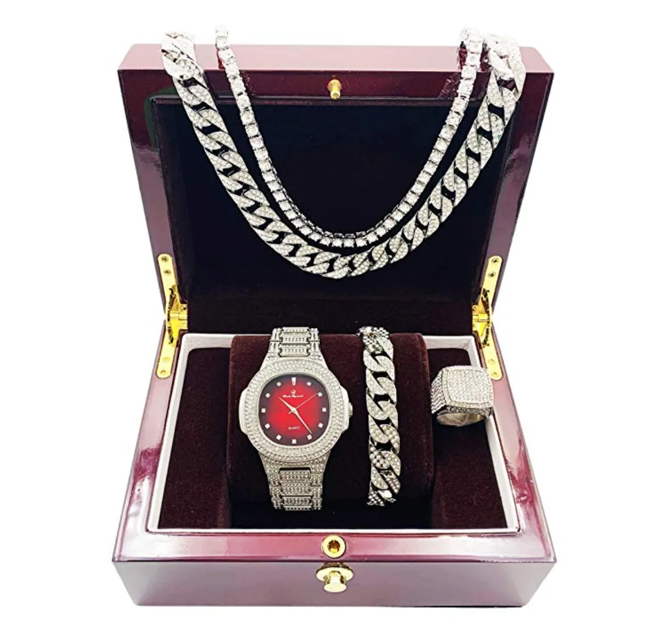 Red Face Simulated Diamond Watch Silver Color Watch Cuban Link Necklace Bracelet Set Tennis Chain Watch Earring Bundle