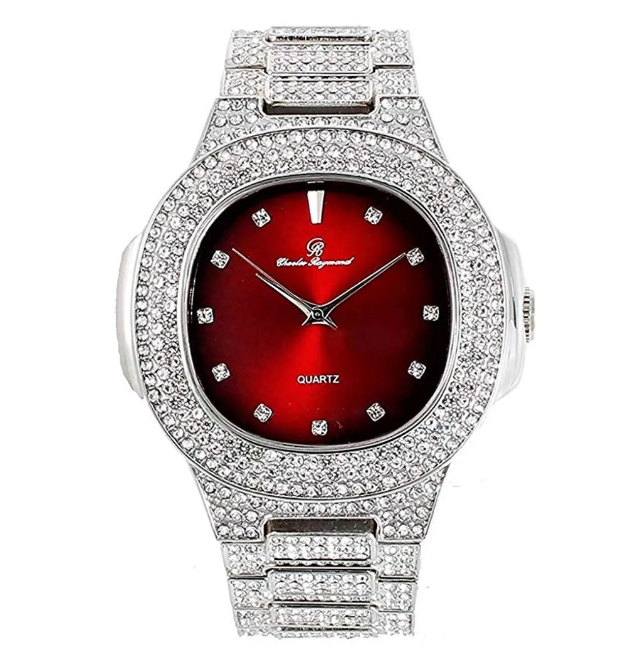 Red Face Simulated Diamond Watch Silver Color Watch Cuban Link Necklace Bracelet Set Tennis Chain Watch Earring Bundle