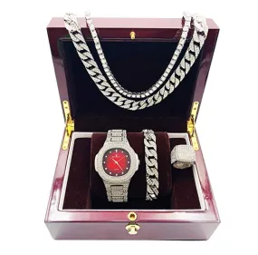 Red Face Simulated Diamond Watch Silver Color Watch Cuban Link Necklace Bracelet Set Tennis Chain Watch Earring Bundle