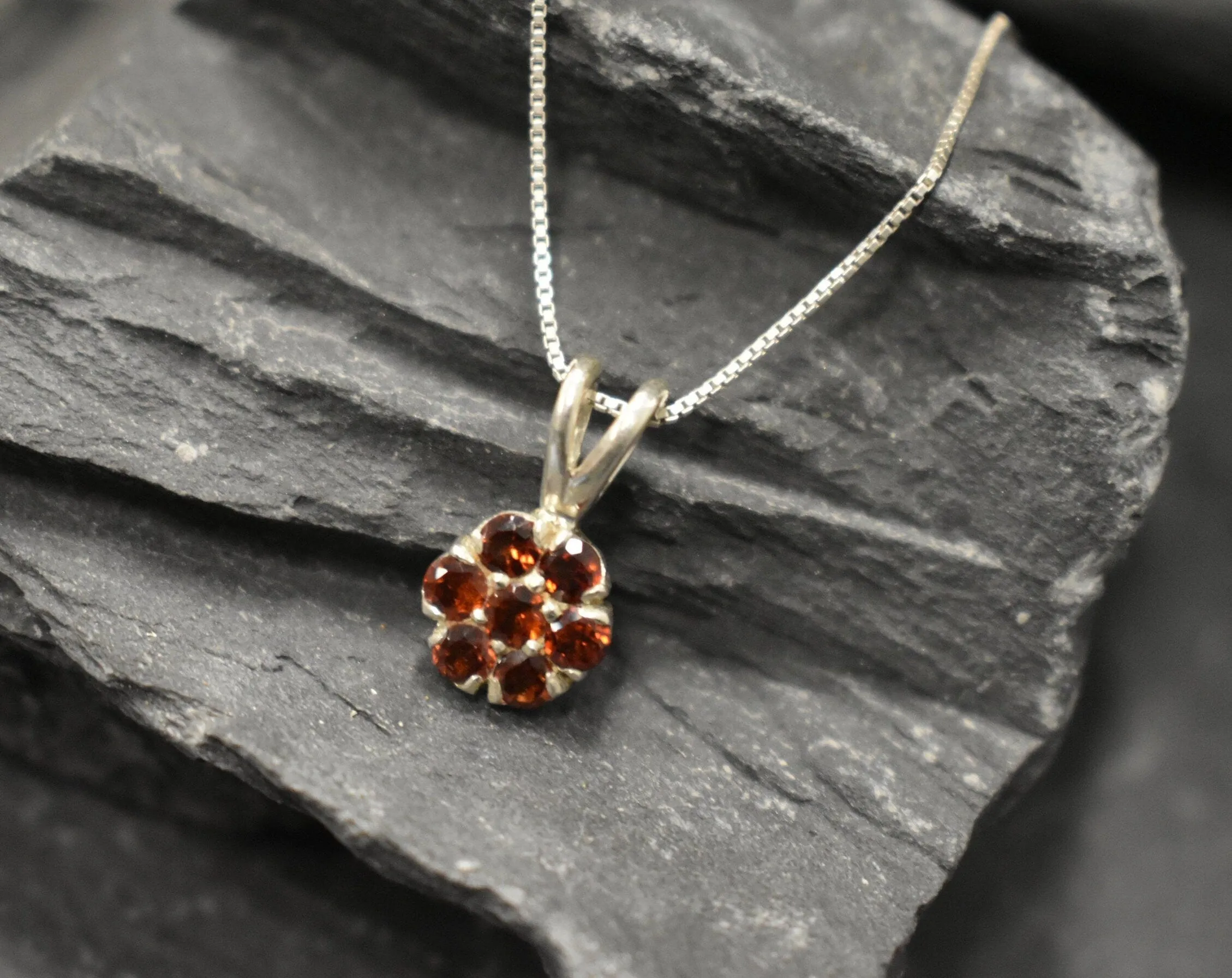 Red Flower Pendant - Natural Garnet Necklace - Dainty Flower Pendant