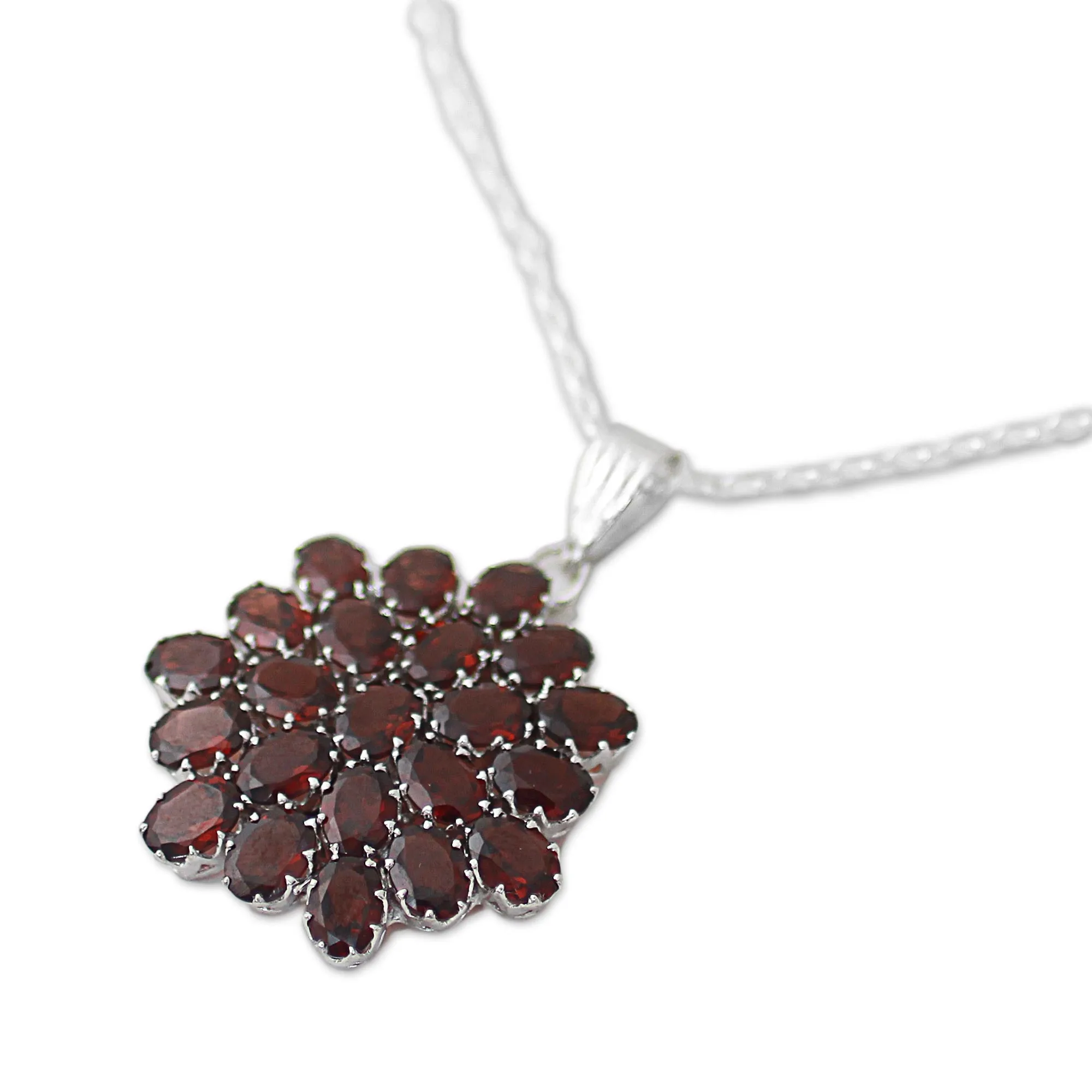 Red Sunflower Garnet & Silver Pendant Necklace