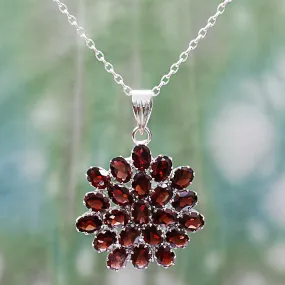 Red Sunflower Garnet & Silver Pendant Necklace